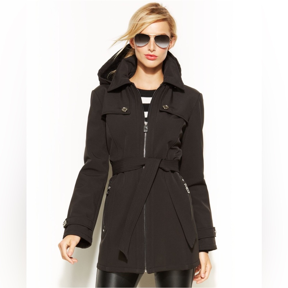 MICHAEL KORS Black Belted Coat Hooded Soft Shell Fleece Lined